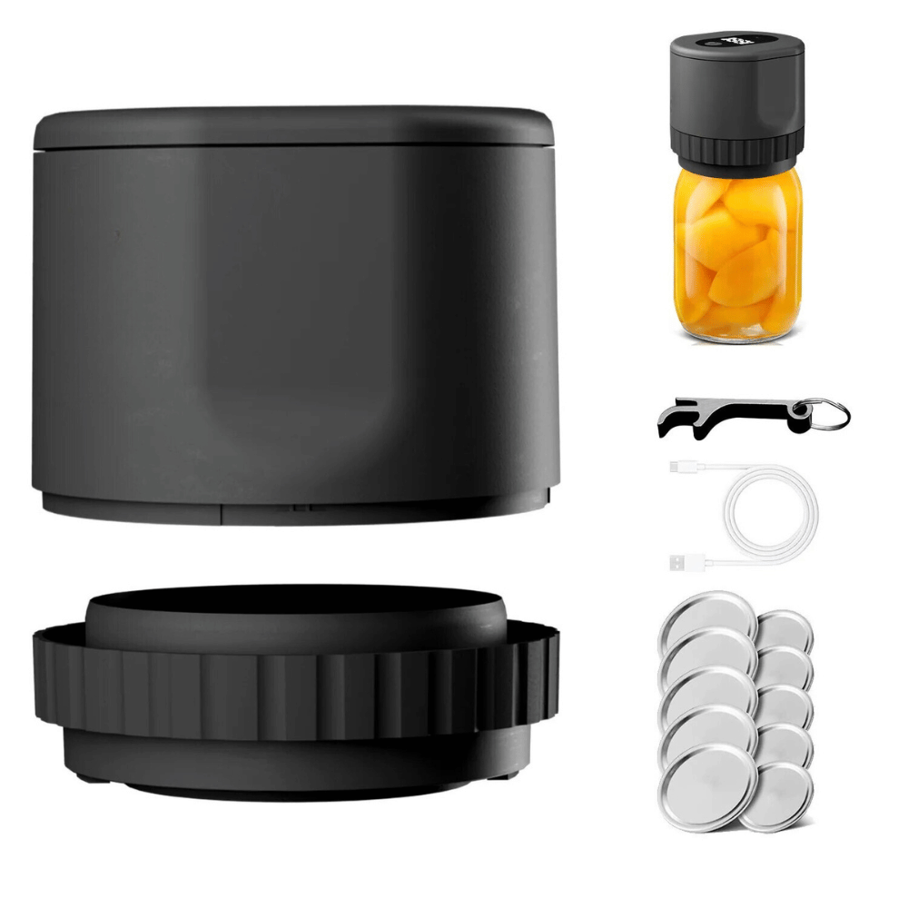 Black food storage container set with a jar of snacks, tools, and lids on a white background