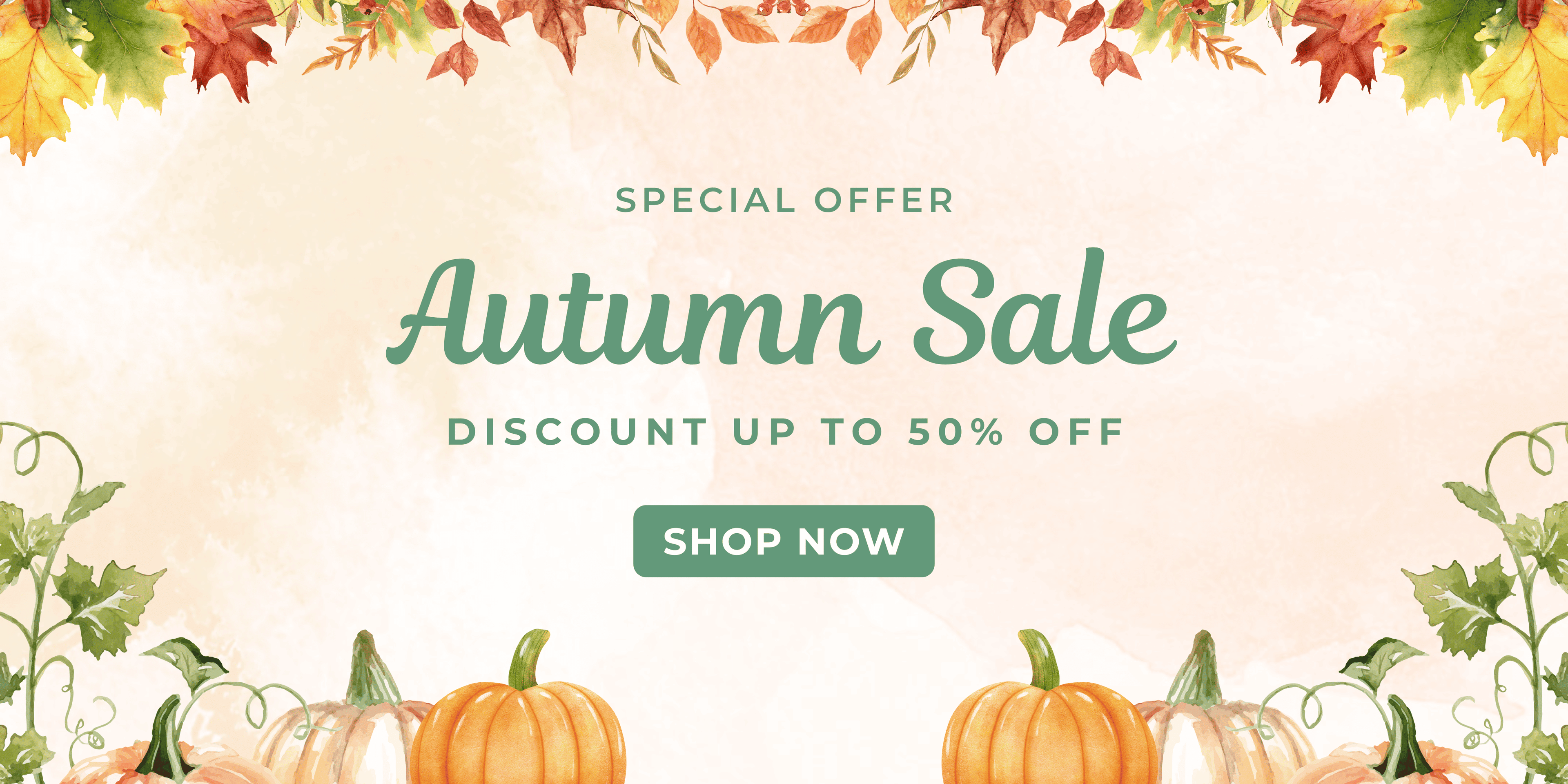 Autumn sale banner with pumpkins and leaves on a beige background