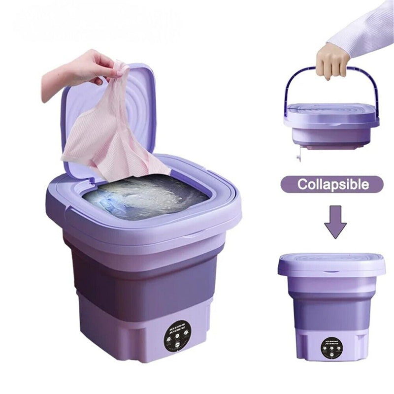 Collapsible purple washing machine with a person using it and another showing the compacted size.