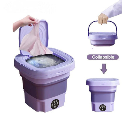 Collapsible purple washing machine with a person using it and another showing the compacted size.