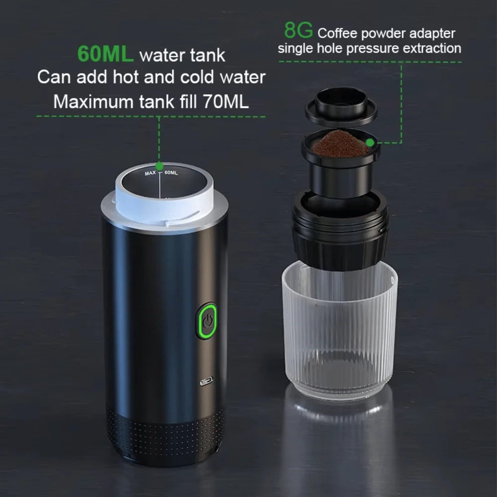 Upgraded portable espresso machine with stainless steel water tank and 8g coffee powder adapter for rich flavor