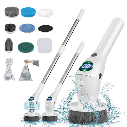 Cleaning tool with attachments and water splashes on a white background