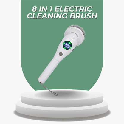 8-in-1 electric cleaning brush with digital display on a green background
