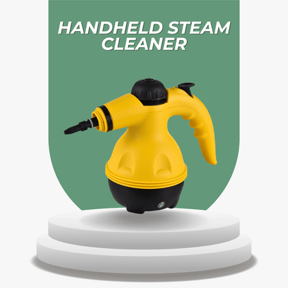 Yellow handheld steam cleaner on a white pedestal with a green background and text.