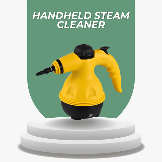 Yellow handheld steam cleaner on a white pedestal with a green background and text.