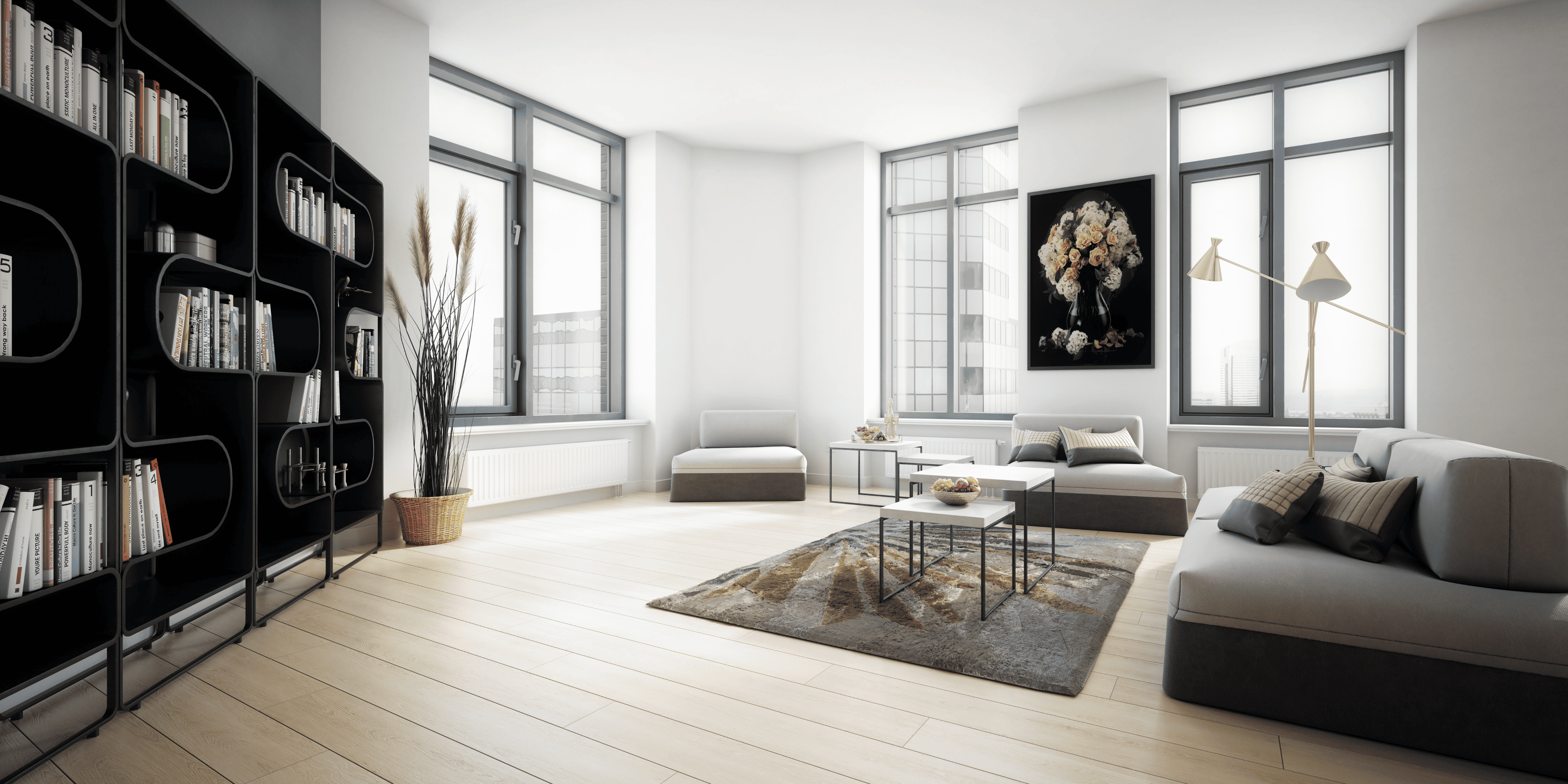 Modern living room with bookshelves, sofa, and coffee table.