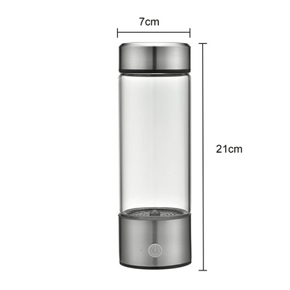 Glass water bottle with metal cap and base, showing dimensions on a white background
