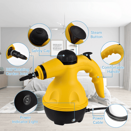 Yellow steam cleaner with labeled parts on a neutral background