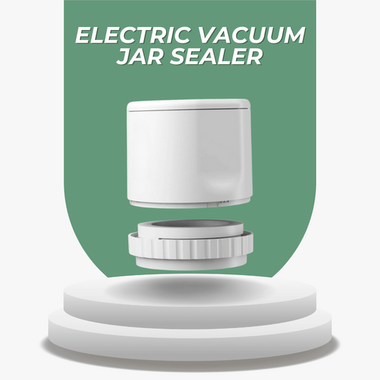 White electric vacuum jar sealer on a green background with text