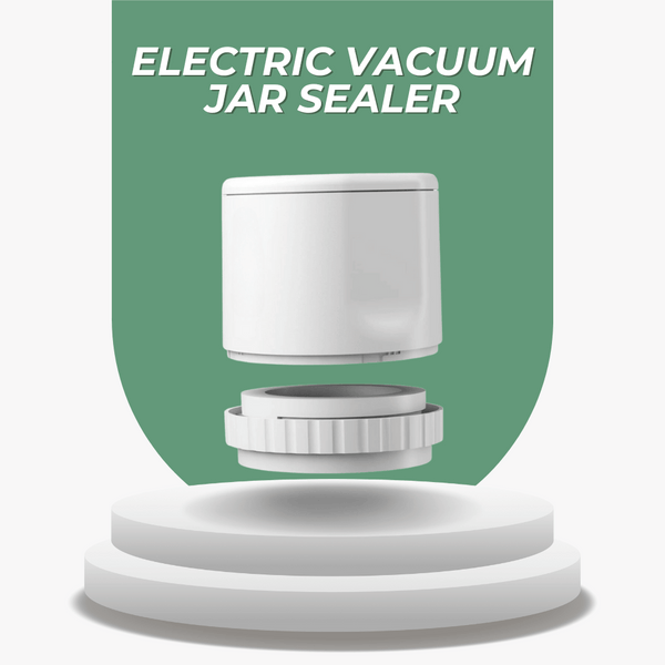 White electric vacuum jar sealer on a green background with text