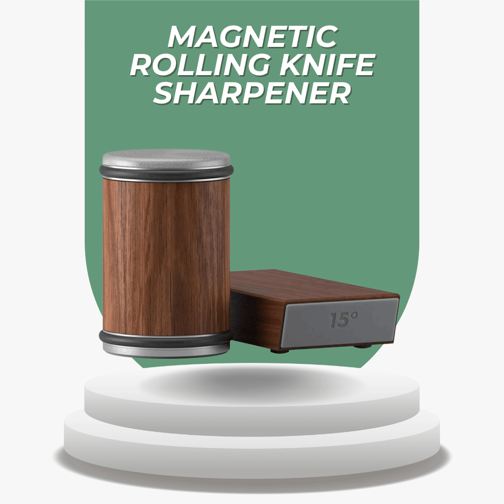 Magnetic rolling knife sharpener with wooden design on a white platform against a green background