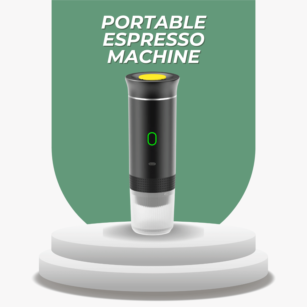 Portable espresso machine on a white platform with a green background