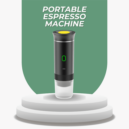 Portable espresso machine on a white platform with a green background