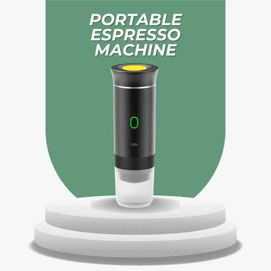 Portable espresso machine on a white platform with a green background