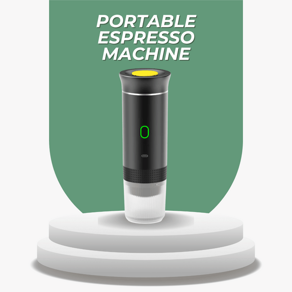 Portable espresso machine on a white platform with a green background