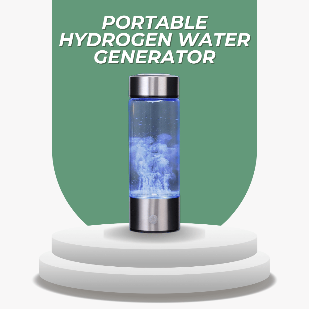 Portable hydrogen water generator with blue light on a white base against a green background