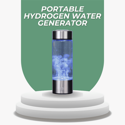 Portable hydrogen water generator with blue light on a white base against a green background