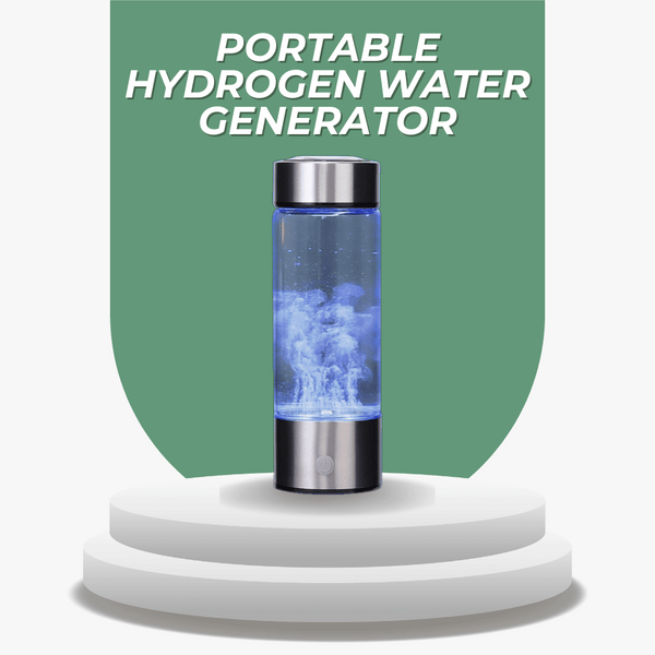 Portable hydrogen water generator with blue light on a white base against a green background