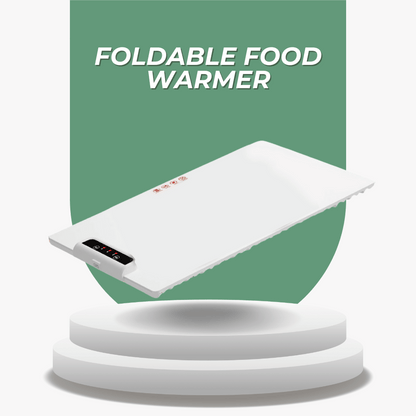 Foldable food warmer with digital display on a white and green background
