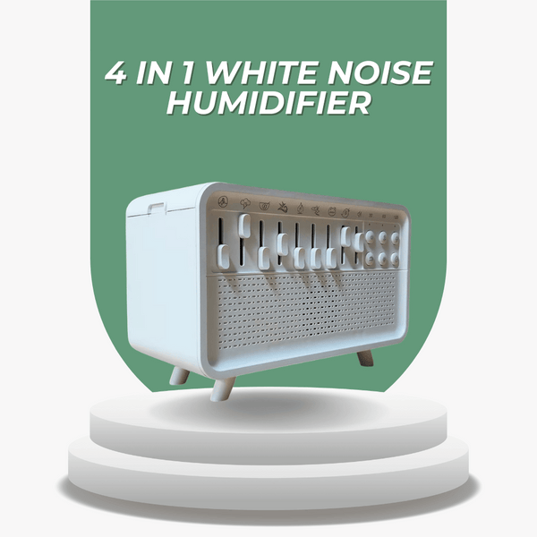 4-in-1 white noise humidifier on a white platform with a green background