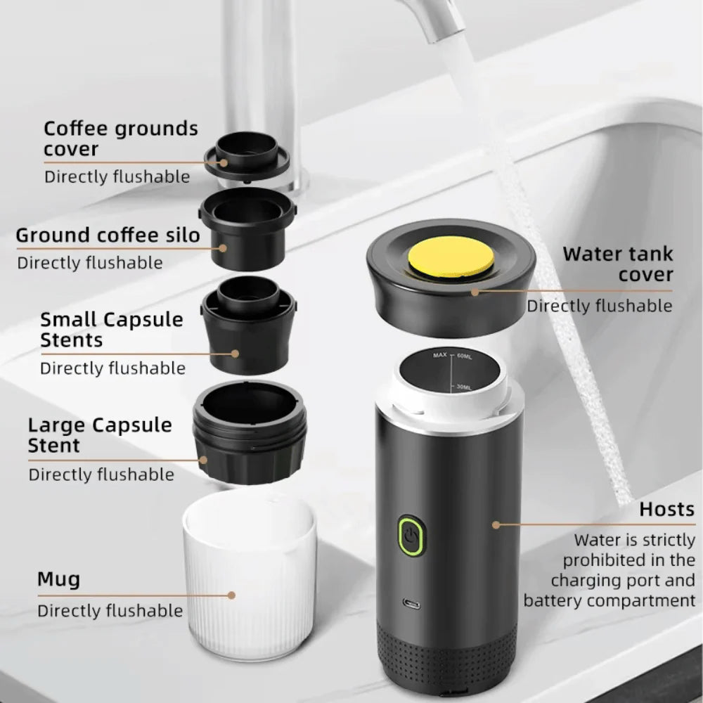 Compact 3 in 1 portable espresso machine with capsule and ground coffee compatibility easy to clean design