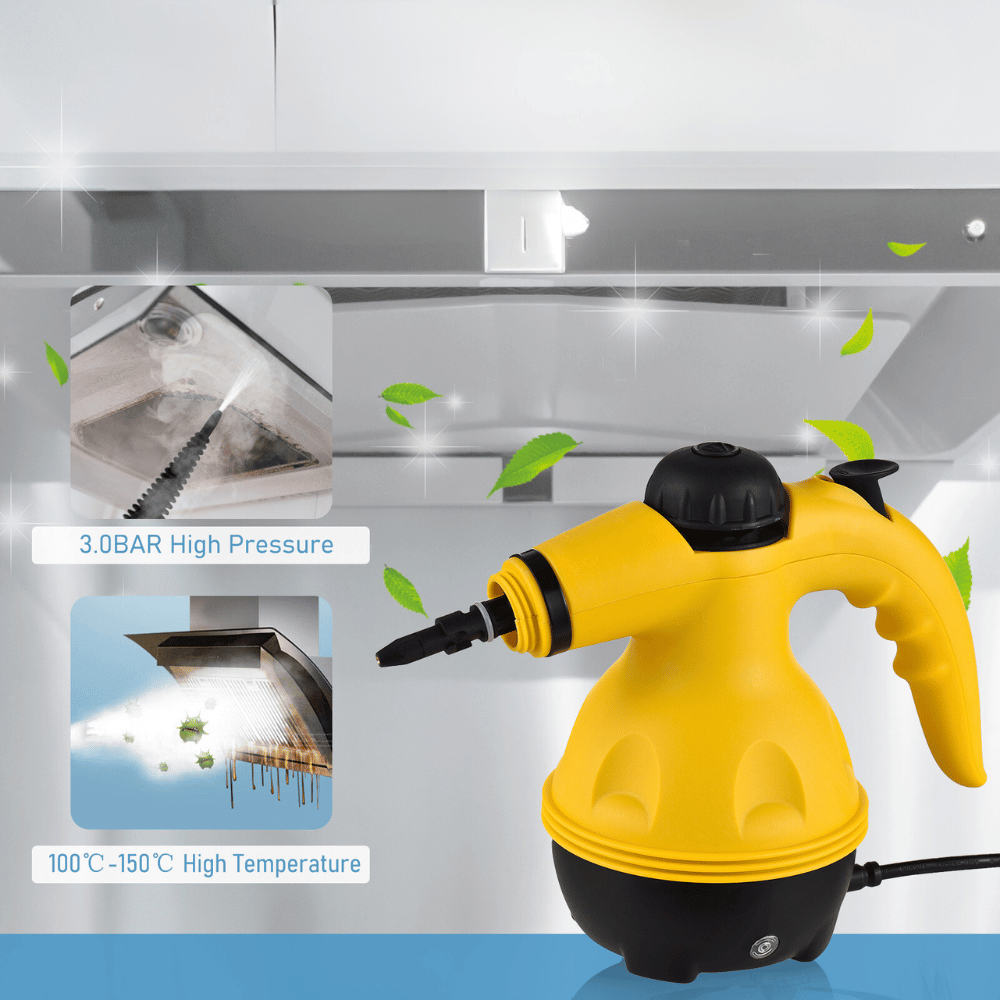 Yellow high-pressure steam cleaner being used to clean a kitchen exhaust hood.