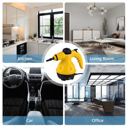 Multifunctional cleaning device shown in various settings including kitchen, living room, car, and office.