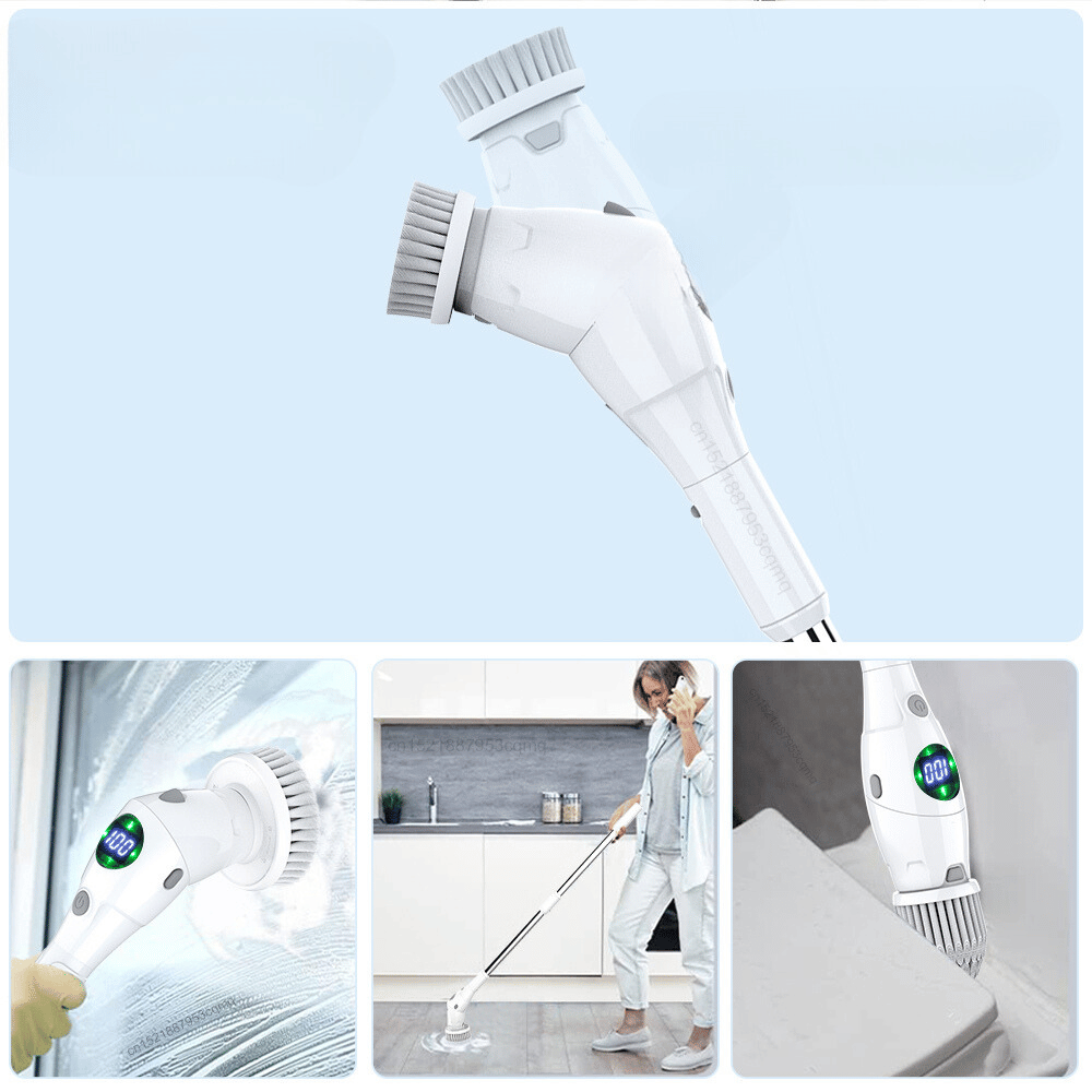 Multifunctional cleaning tool with various attachments on a light blue background