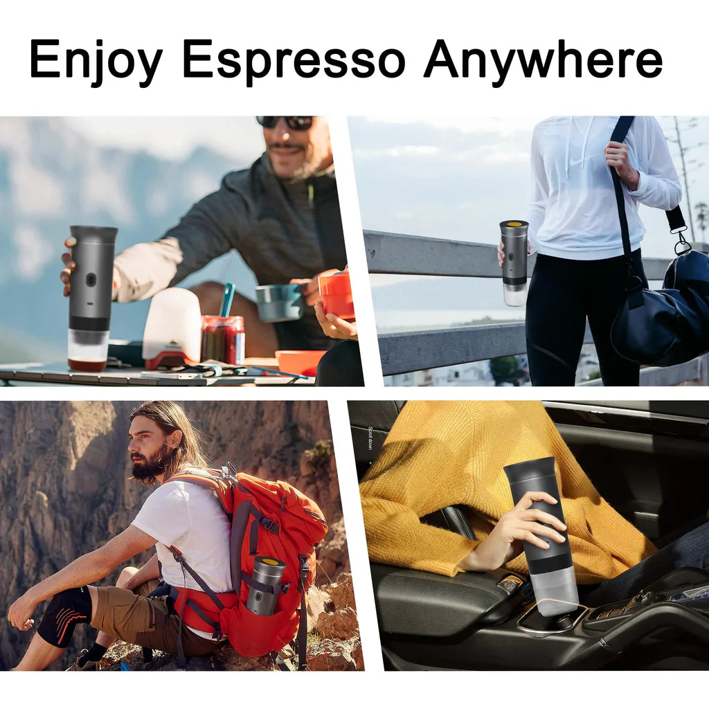 Wireless portable espresso coffee maker used outdoors for camping hiking and travel brewing espresso anywhere